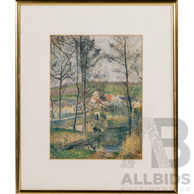 Camille Pissarro (19th Century, Danish-French, 1830-1903), the Banks of the Viosne at Osny, in Grey Weather, Winter (Bords De La Viosne À Osny, Temps Gris, Hiver), Reproduction Print of Original From 1883, 37 x 31 cm (frame)