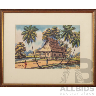 Munir, (20th Century, Asian School), Straw Hut with Palms, Original Vintage Watercolour, 33 X 40 cm (frame)