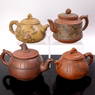 Collection Four Vintage Chinese Yixing Zisha Clay Teapots Including Ming Jun Example, Example with Cockerel Finial and Two with Branch Form Handles