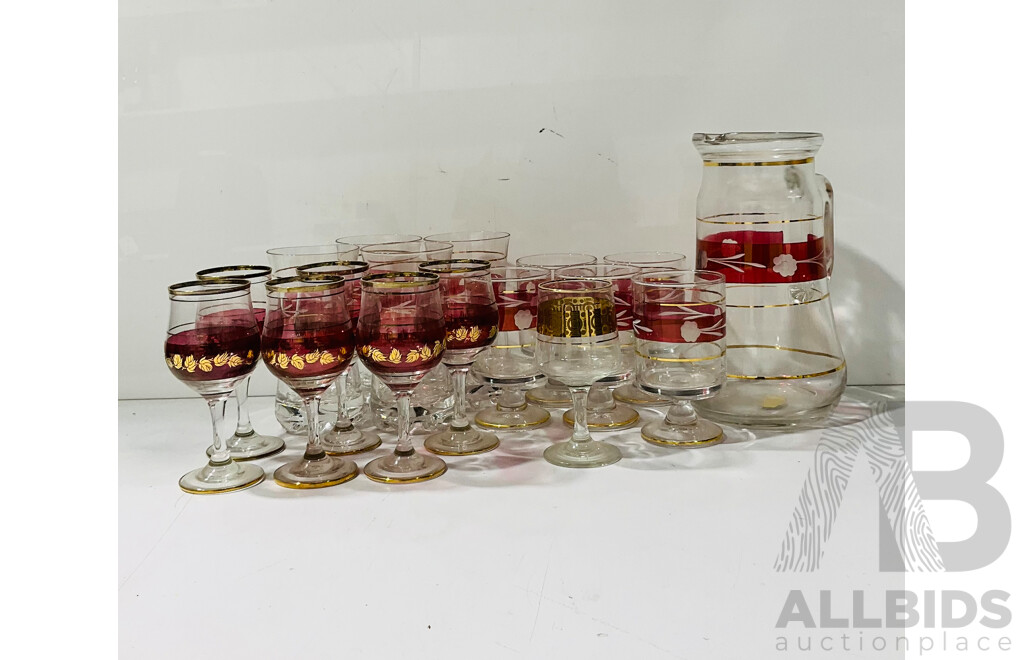 Set of Retro Glassware with Ruby Rose and Gold Decorations Including Pitcher and Different Styles of Glasses