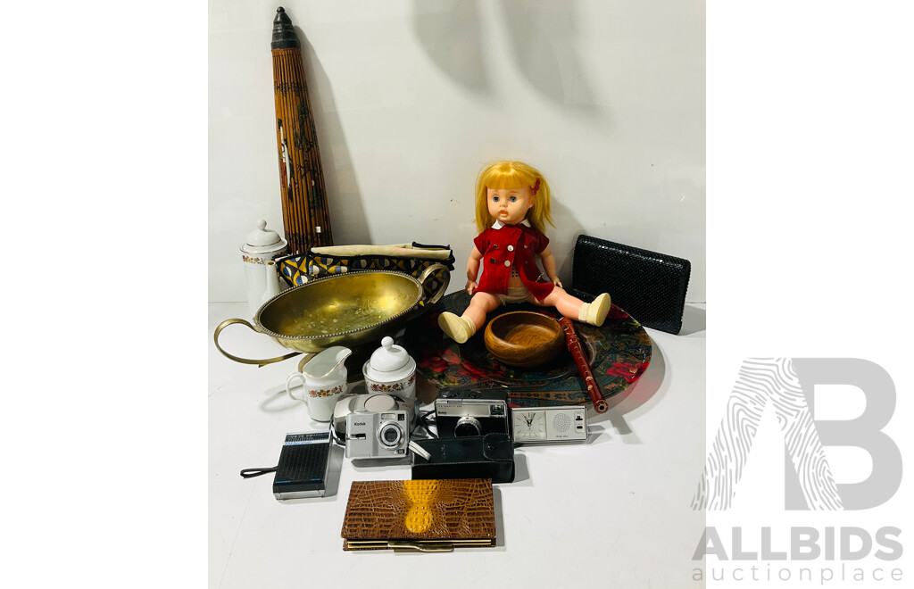 Collection of Souvenir and Homeware Including Brass Dish, Vintage Japanese Umbrella, Vintage Cameras and More
