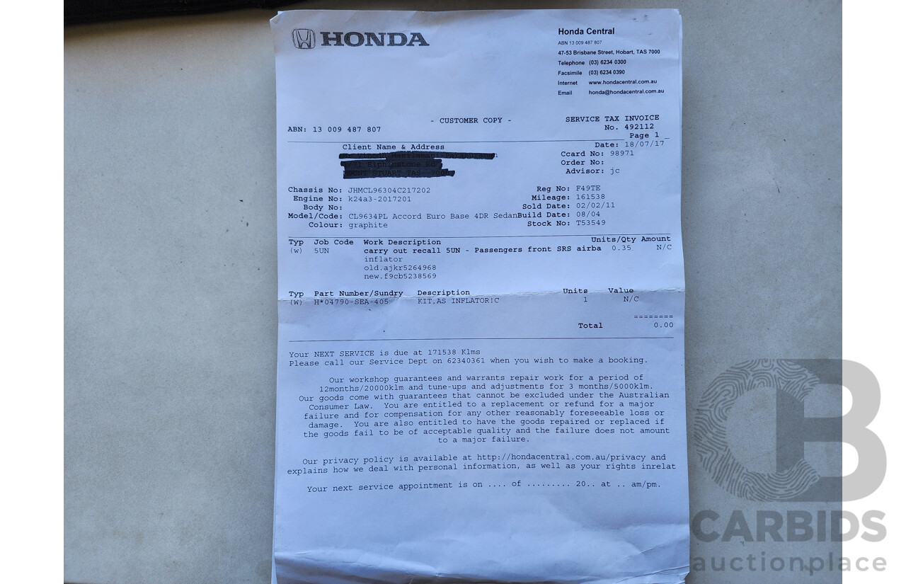 8/2004 Honda Accord EURO  4d Sedan Grey 2.4L