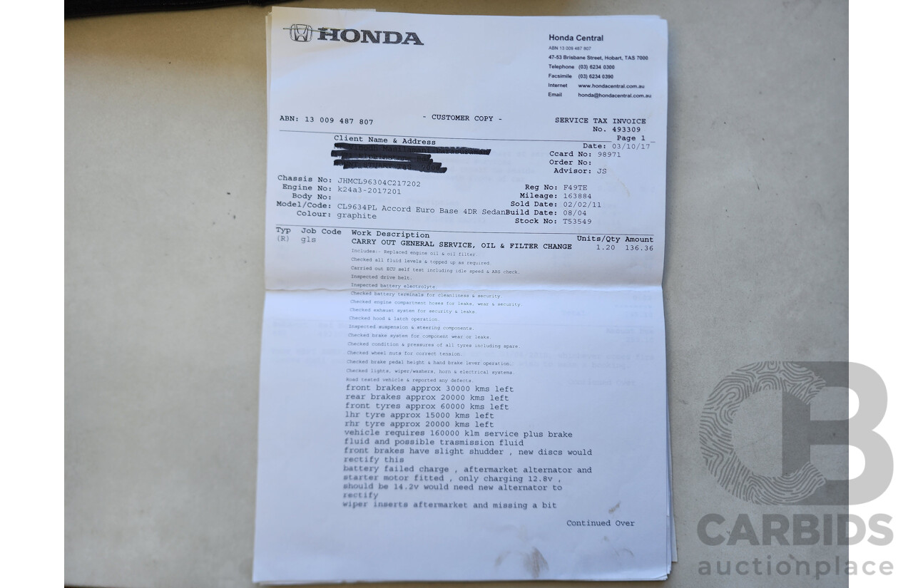 8/2004 Honda Accord EURO  4d Sedan Grey 2.4L