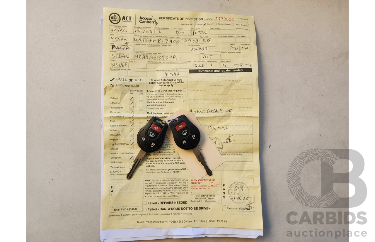 4/2014 Nissan Pulsar ST B17 4d Sedan Silver 1.8L