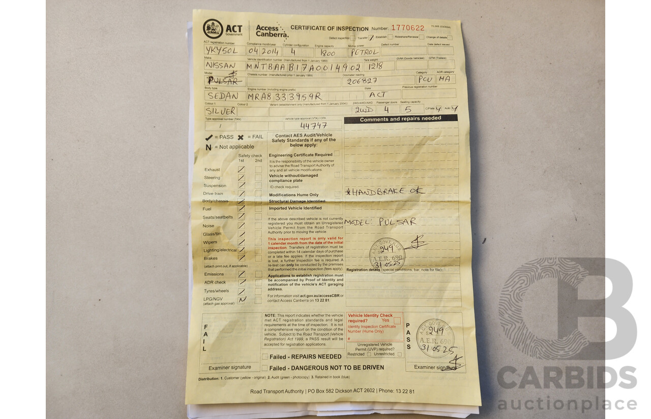 4/2014 Nissan Pulsar ST B17 4d Sedan Silver 1.8L