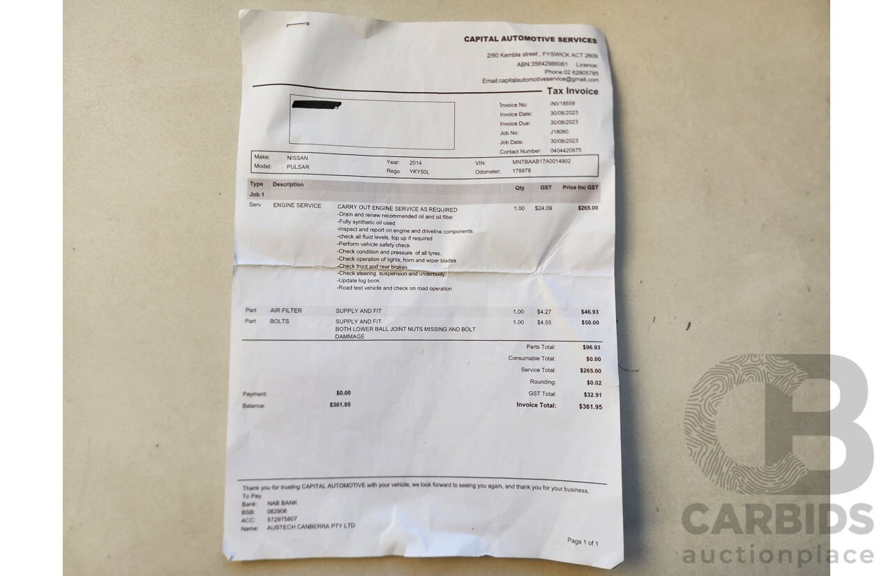 4/2014 Nissan Pulsar ST B17 4d Sedan Silver 1.8L