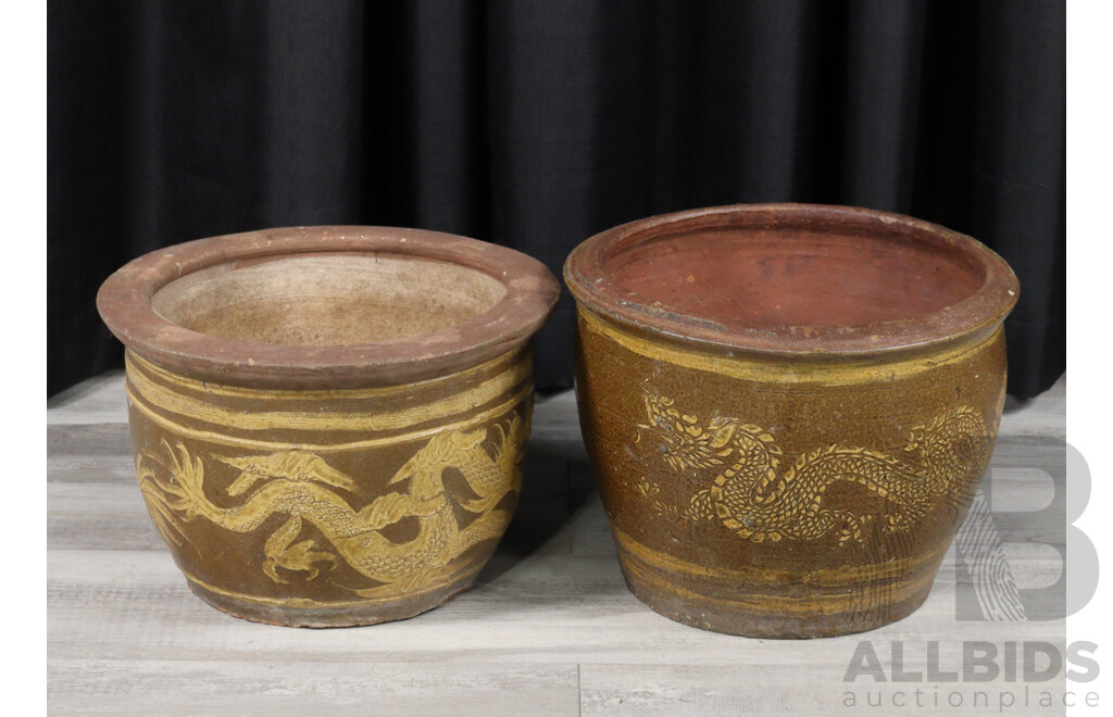 Pair of Large Chinese Salt Glazed Dragon Planter