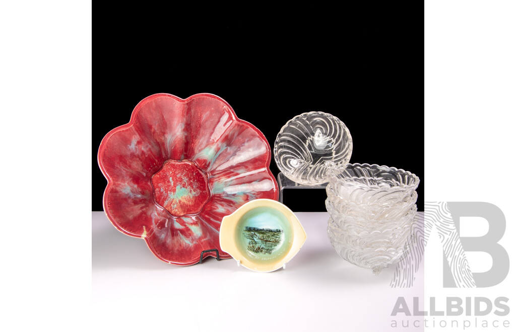 Vintage Australian MCP Pottery Dish, Set Six Glass Art Deco Swirl Bowls and Studio Anna Dish