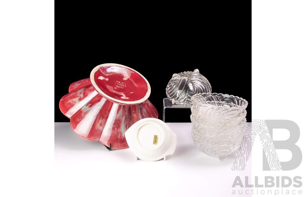 Vintage Australian MCP Pottery Dish, Set Six Glass Art Deco Swirl Bowls and Studio Anna Dish