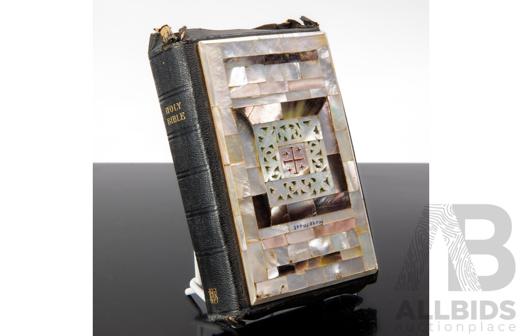 Vintage Holy Bible with Inlaid Mother of Pearl Cover and Rear, Circa 1940s