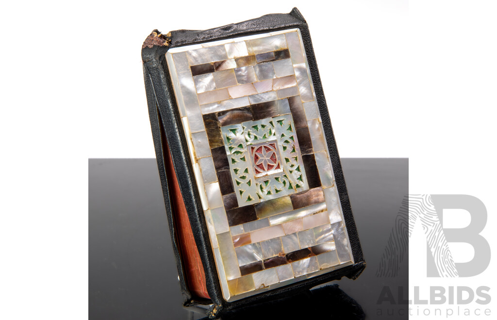 Vintage Holy Bible with Inlaid Mother of Pearl Cover and Rear, Circa 1940s
