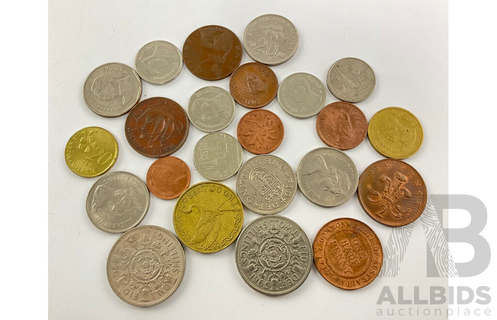 Vintage International Coins Including Australian 1936 Half Penny, UK 1920 Half Penny, 1957, 1965 Two Shillings, New Zealand 1945 Half Penny, 2002 Two Dollars