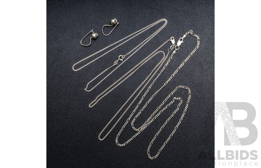 Sterling Silver 60cm Figaro 3+1 Necklace & (2) Sterling Silver Curb Link 45cm Chains, A&C Euro Ball Drop Earrings, 10.75 Grams - as New