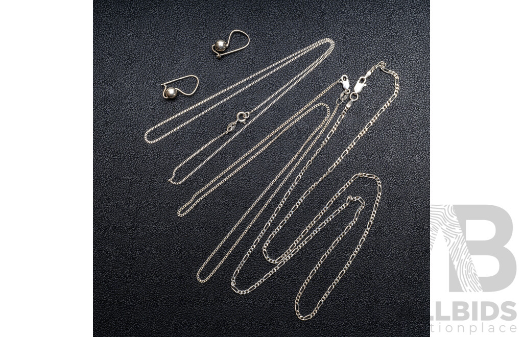 Sterling Silver 60cm Figaro 3+1 Necklace & (2) Sterling Silver Curb Link 45cm Chains, A&C Euro Ball Drop Earrings, 10.75 Grams - as New