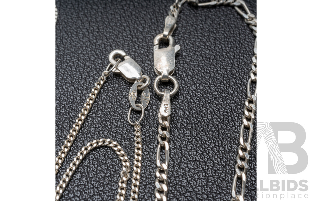 Sterling Silver 60cm Figaro 3+1 Necklace & (2) Sterling Silver Curb Link 45cm Chains, A&C Euro Ball Drop Earrings, 10.75 Grams - as New