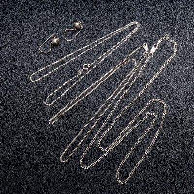 Sterling Silver 60cm Figaro 3+1 Necklace & (2) Sterling Silver Curb Link 45cm Chains, A&C Euro Ball Drop Earrings, 10.75 Grams - as New