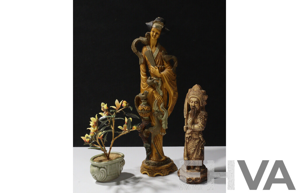 Pair of Resin Oriental Statues with Japanese Glass Floral Pot