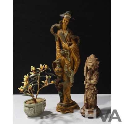 Pair of Resin Oriental Statues with Japanese Glass Floral Pot