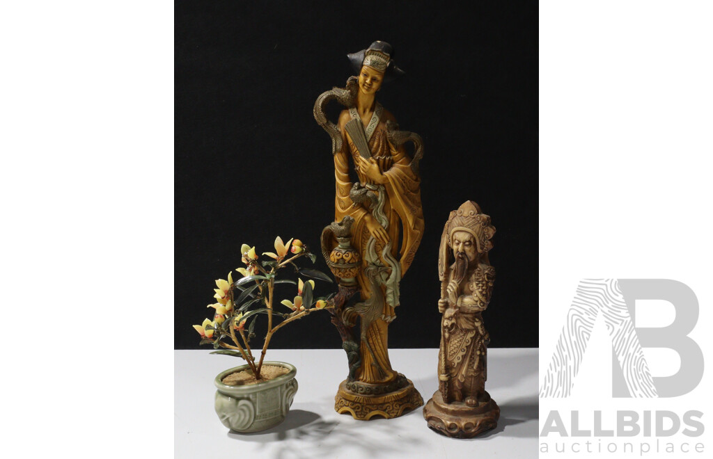Pair of Resin Oriental Statues with Japanese Glass Floral Pot