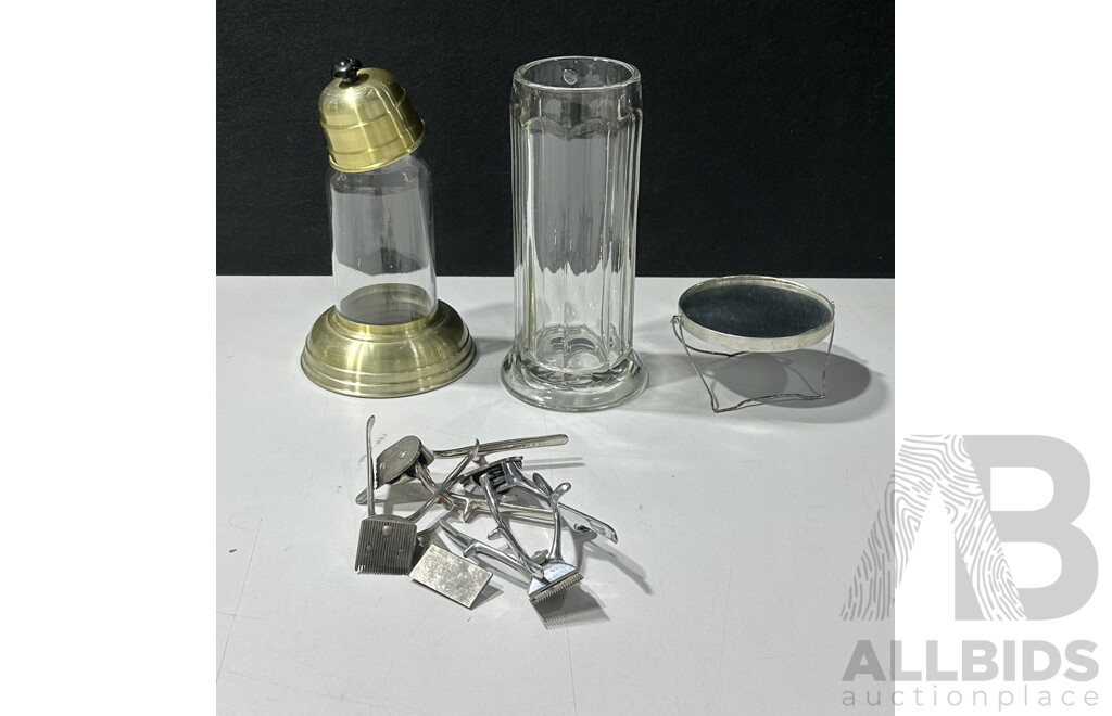 Collection Vintage Hairdressing Items Including Jars and Clippers