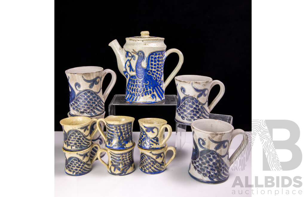 Very Funky Mid Century Studio Pottery Coffee Service with Four Mugs, Four Demitasse Cups and Lidded Coffee Pot