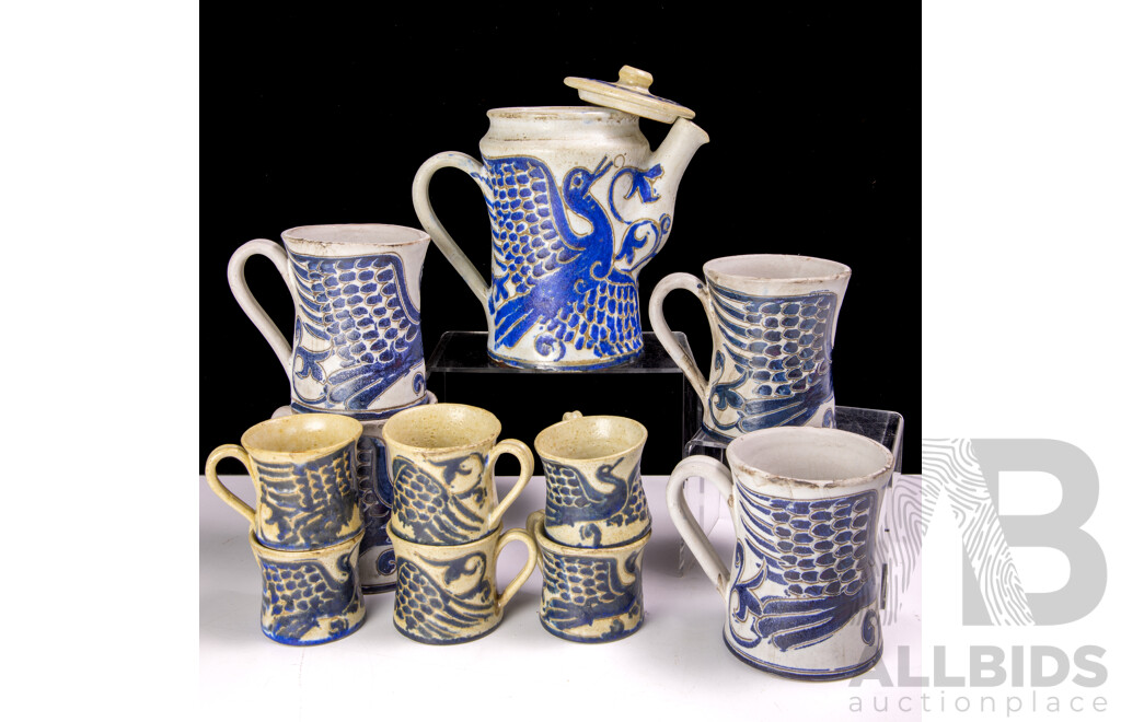 Very Funky Mid Century Studio Pottery Coffee Service with Four Mugs, Four Demitasse Cups and Lidded Coffee Pot