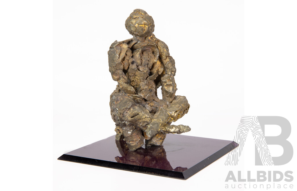 Hand Made Solid Brutalist Style Bronze Sculpture of Cross Legged Figure on Perspex Base