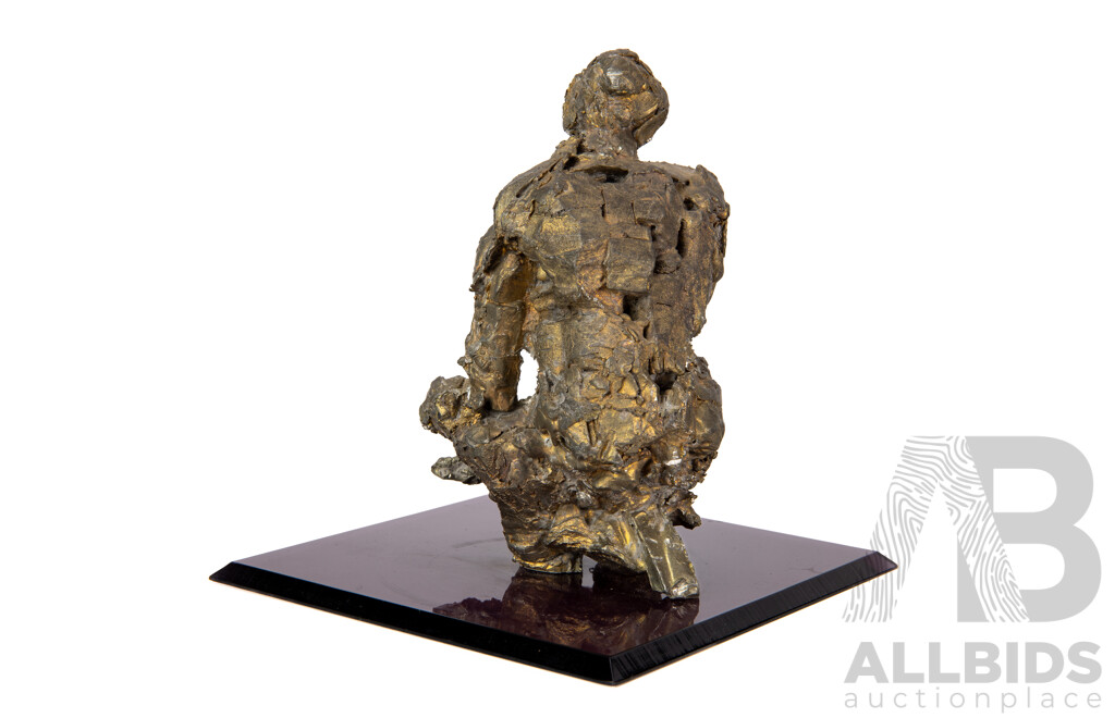 Hand Made Solid Brutalist Style Bronze Sculpture of Cross Legged Figure on Perspex Base