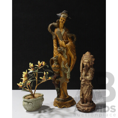 Pair of Resin Oriental Statues with Japanese Glass Floral Pot