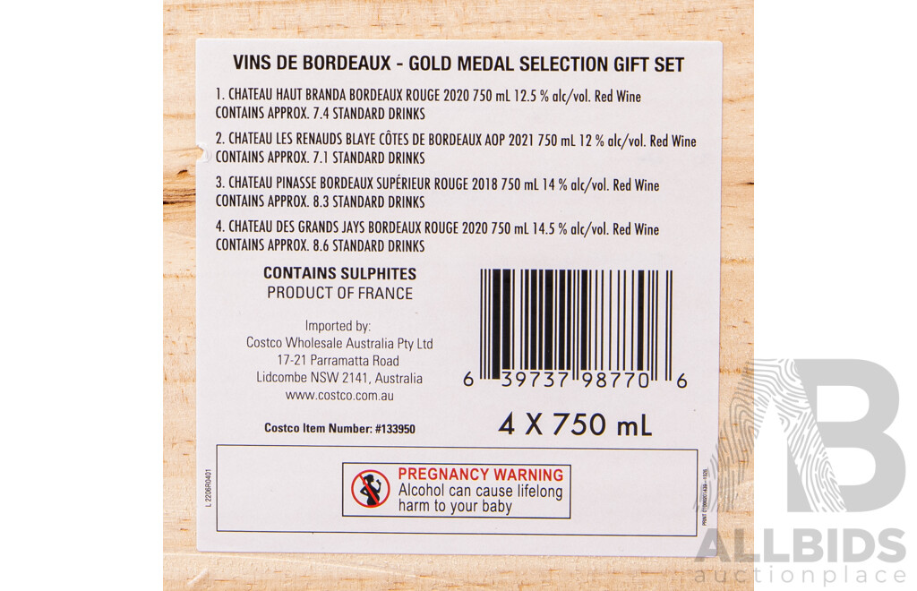 Vin De Bordeaux Four Bottle Collection in Timber Case