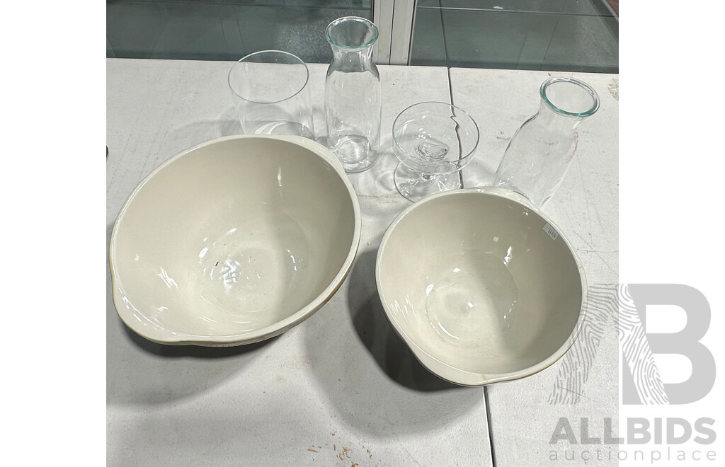 Collection Two Large Mixing Bowls Along WithSelection Glass Ware