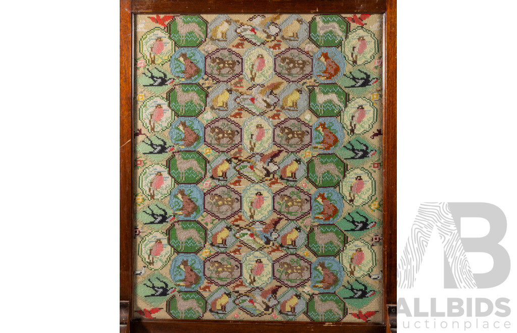 Wonderful Vintage Timber Fire Screen with Framed Needlepoint Recurring Animal Design, 74 x 56 cm