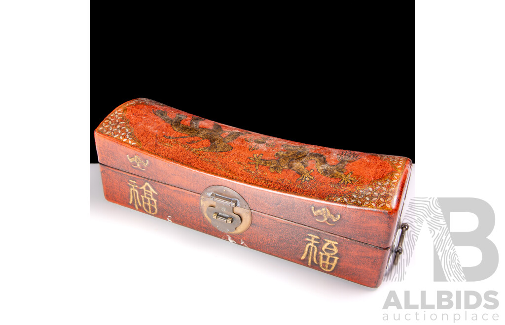 Chinese Leather Covered Pillow Form Box with Dragon & Phoenix Decoration to Top