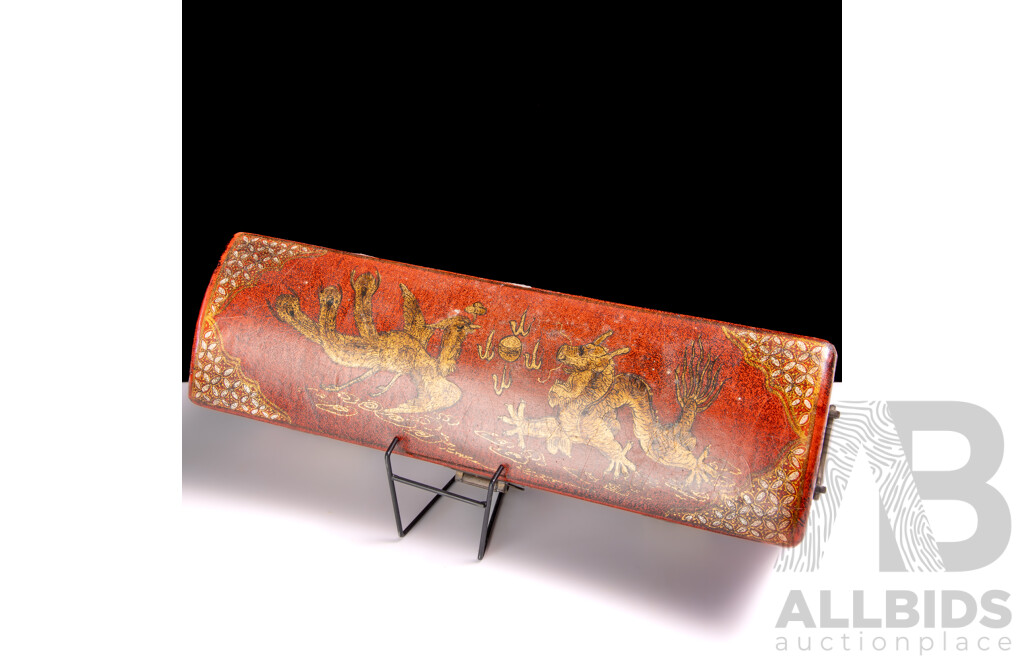 Chinese Leather Covered Pillow Form Box with Dragon & Phoenix Decoration to Top