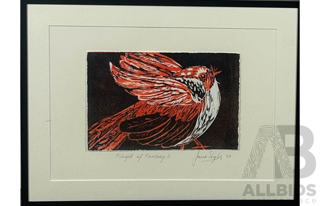 Jane Styles, (20th Century, Australian), Flight of Fantasy 2, (2023), Hand Printed Wood Block Print, 32 x 41 cm (frame)