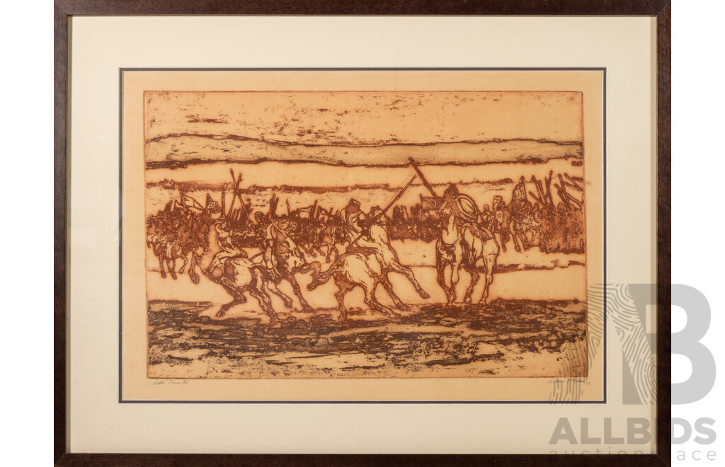 Bettina McMahon, (20th Century, Australian.1930-2024), 'Battle Scene,' (1969,) Aquatint Editioned 5/10, 53 x 70 cm (frame)
