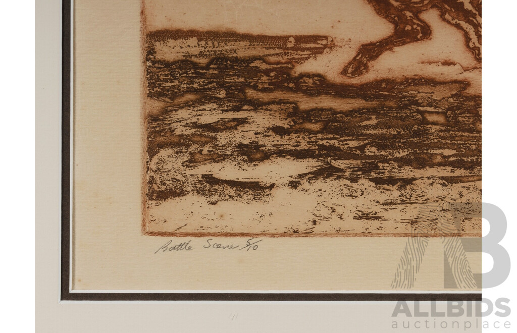 Bettina McMahon, (20th Century, Australian.1930-2024), 'Battle Scene,' (1969,) Aquatint Editioned 5/10, 53 x 70 cm (frame)