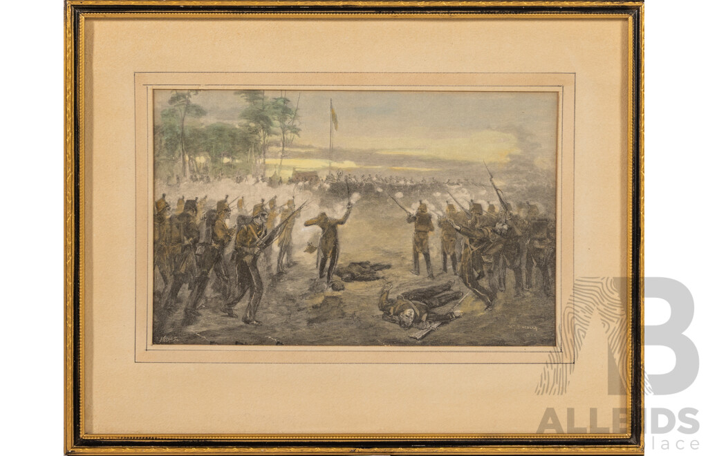 William Smedley (19/20th Century, American,1858-1920), Eureka Stockade Ballarat, Antique Hand Coloured Engraving, 29 x 37 cm (frame)