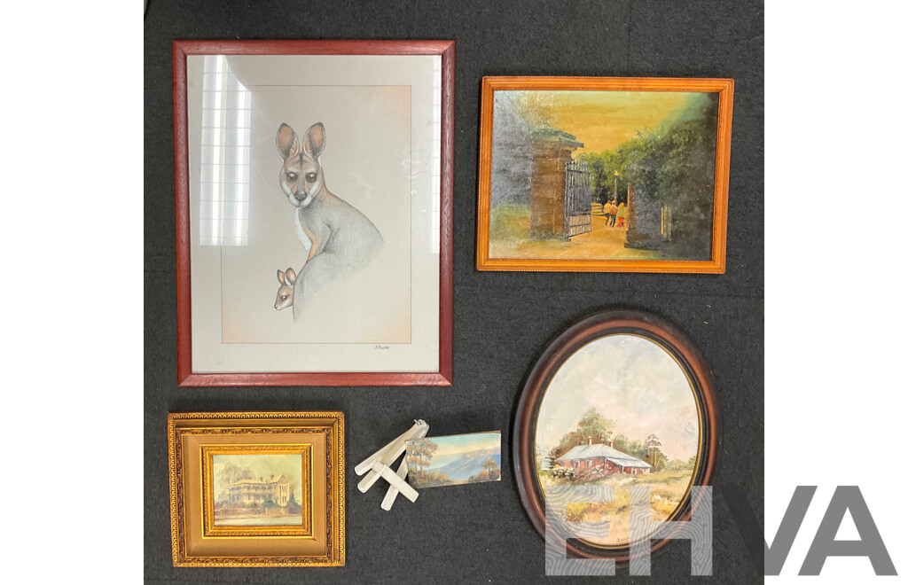 Assorted Paintings, Oil on Board by Unknown Artists “‘Katoomba”, Shirley Gallon “Narrow Neck, Blue Mountains - Oil on Canvas , J. Buske, “Kangaroo” - Pencils Drawing, Beryl Erskine “The Old House”  - Lot of 5