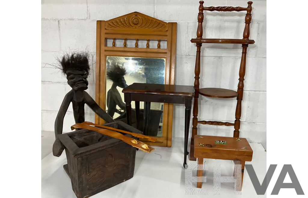 Assorted Wooden Furniture Including Plant Stand, Side Table, Mirror, Carved Figure  - Lot of 7