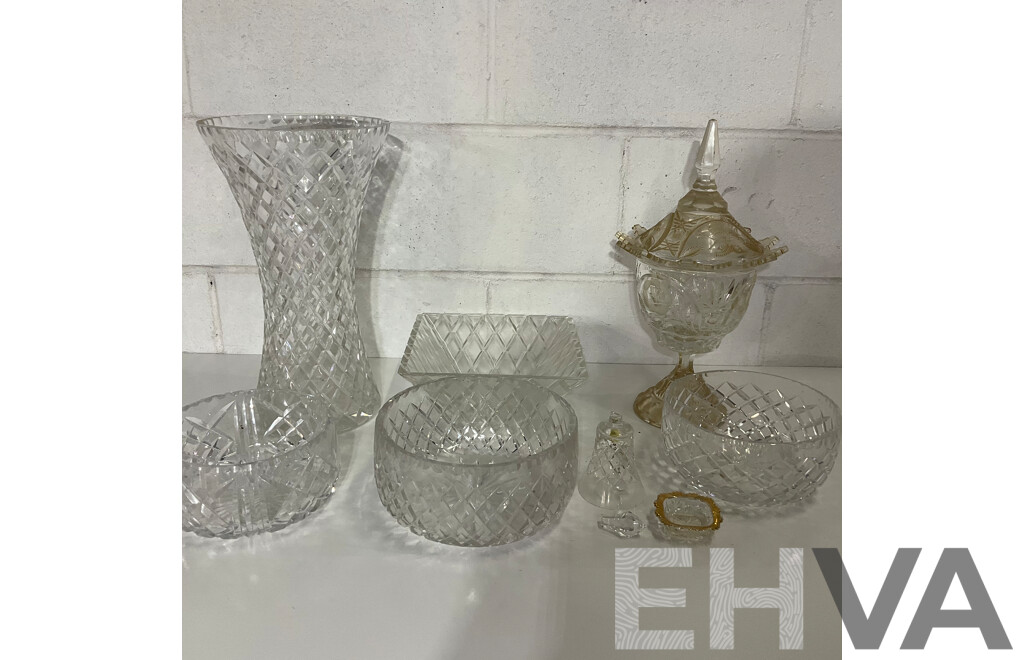 Cut Crystal Pedestal Coupe with Butterflies and Floral Decoration, Assorted Crystal Bowls - Diamond Cut Pattern  and More - Lot of 8