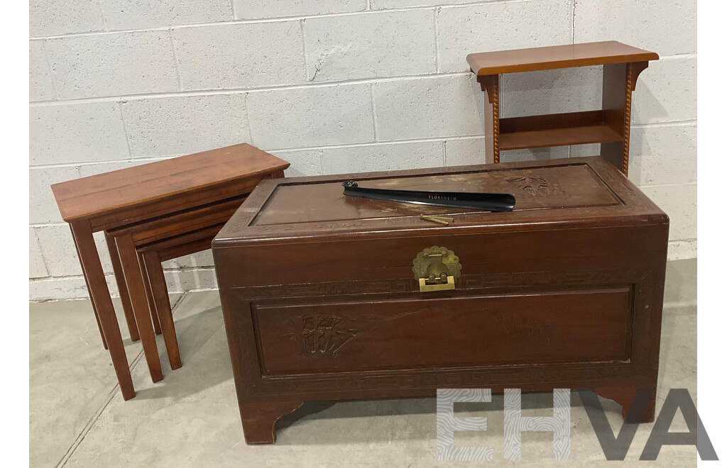 Mid Century Carved Camphor Wood Chest with Lock and Key, Small Bookshelves and Square Nesting Tables - Lot of 3
