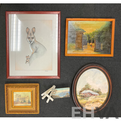 Assorted Paintings, Oil on Board by Unknown Artists “‘Katoomba”, Shirley Gallon “Narrow Neck, Blue Mountains - Oil on Canvas , J. Buske, “Kangaroo” - Pencils Drawing, Beryl Erskine “The Old House”  - Lot of 5