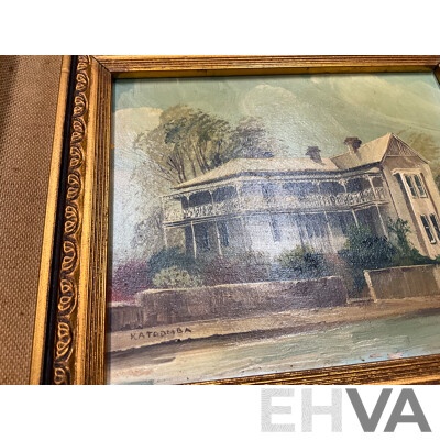 Assorted Paintings, Oil on Board by Unknown Artists “‘Katoomba”, Shirley Gallon “Narrow Neck, Blue Mountains - Oil on Canvas , J. Buske, “Kangaroo” - Pencils Drawing, Beryl Erskine “The Old House”  - Lot of 5