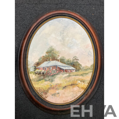 Assorted Paintings, Oil on Board by Unknown Artists “‘Katoomba”, Shirley Gallon “Narrow Neck, Blue Mountains - Oil on Canvas , J. Buske, “Kangaroo” - Pencils Drawing, Beryl Erskine “The Old House”  - Lot of 5