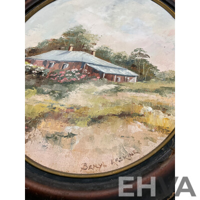 Assorted Paintings, Oil on Board by Unknown Artists “‘Katoomba”, Shirley Gallon “Narrow Neck, Blue Mountains - Oil on Canvas , J. Buske, “Kangaroo” - Pencils Drawing, Beryl Erskine “The Old House”  - Lot of 5