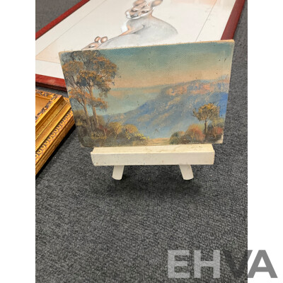 Assorted Paintings, Oil on Board by Unknown Artists “‘Katoomba”, Shirley Gallon “Narrow Neck, Blue Mountains - Oil on Canvas , J. Buske, “Kangaroo” - Pencils Drawing, Beryl Erskine “The Old House”  - Lot of 5