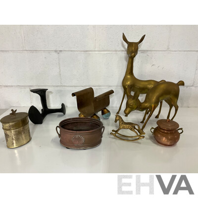 Assorted Brass Metal Collection of Decor Including Brass Deer, Rocking Horse, Magazine Holder, Solid Door Stopper and More - Lot of 8