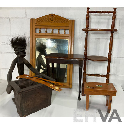 Assorted Wooden Furniture Including Plant Stand, Side Table, Mirror, Carved Figure  - Lot of 7