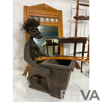 Assorted Wooden Furniture Including Plant Stand, Side Table, Mirror, Carved Figure  - Lot of 7